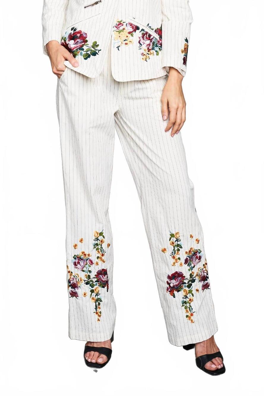 NEW PAPARAZZI woven yarn dyed pin striped embroidered trim pant in ivory